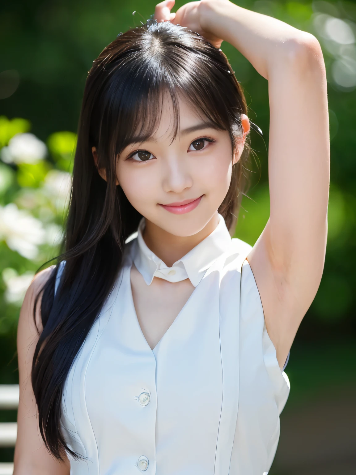masutepiece, Best Quality, 8K, 15yo student, , Raw photo, absurderes, award winning portrait, Smile, Smile, Solo, Night, neons, Idol face, violaceaess, gardeniass, Delicate girl, full body Esbian, white dress lawn eyebrow hair、Hands up、Digital SLR, Looking at Viewer, Candid, Sophisticated, zora々Right, Thin arms, Professional Lighting, Film grain, chromatic abberation, (Eyes and faces with detailed:1.0), (Bokeh:1.1)、by lake、Hair swaying in the wind