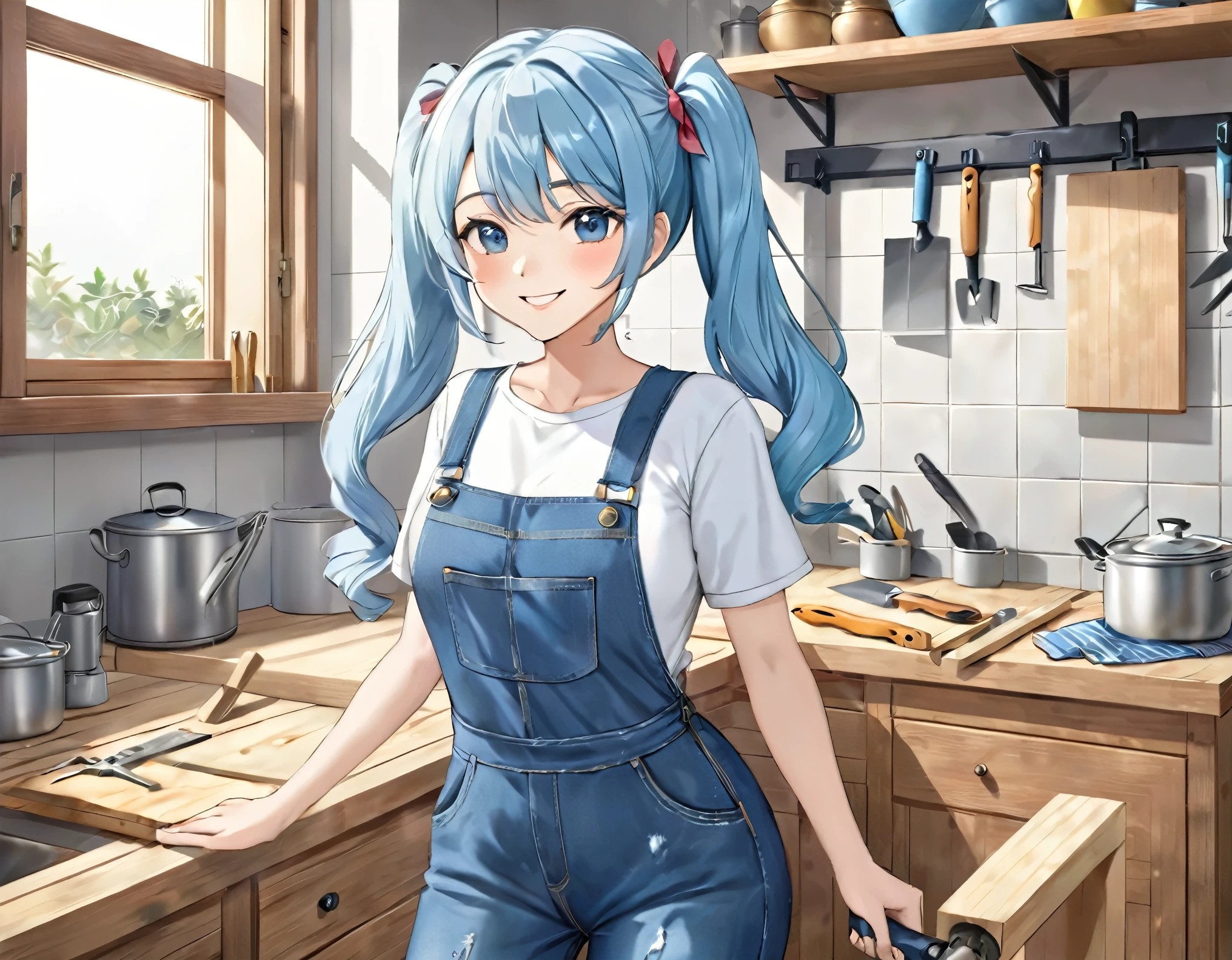 Light blue long hair、Carpenter, a beautiful girl with twin tails、Denim jumpsuit、Bright smile、I am renovating the kitchen、There are lots of carpentry tools、Planing wood with a plane、Drills and saws、Lots of canna shavings