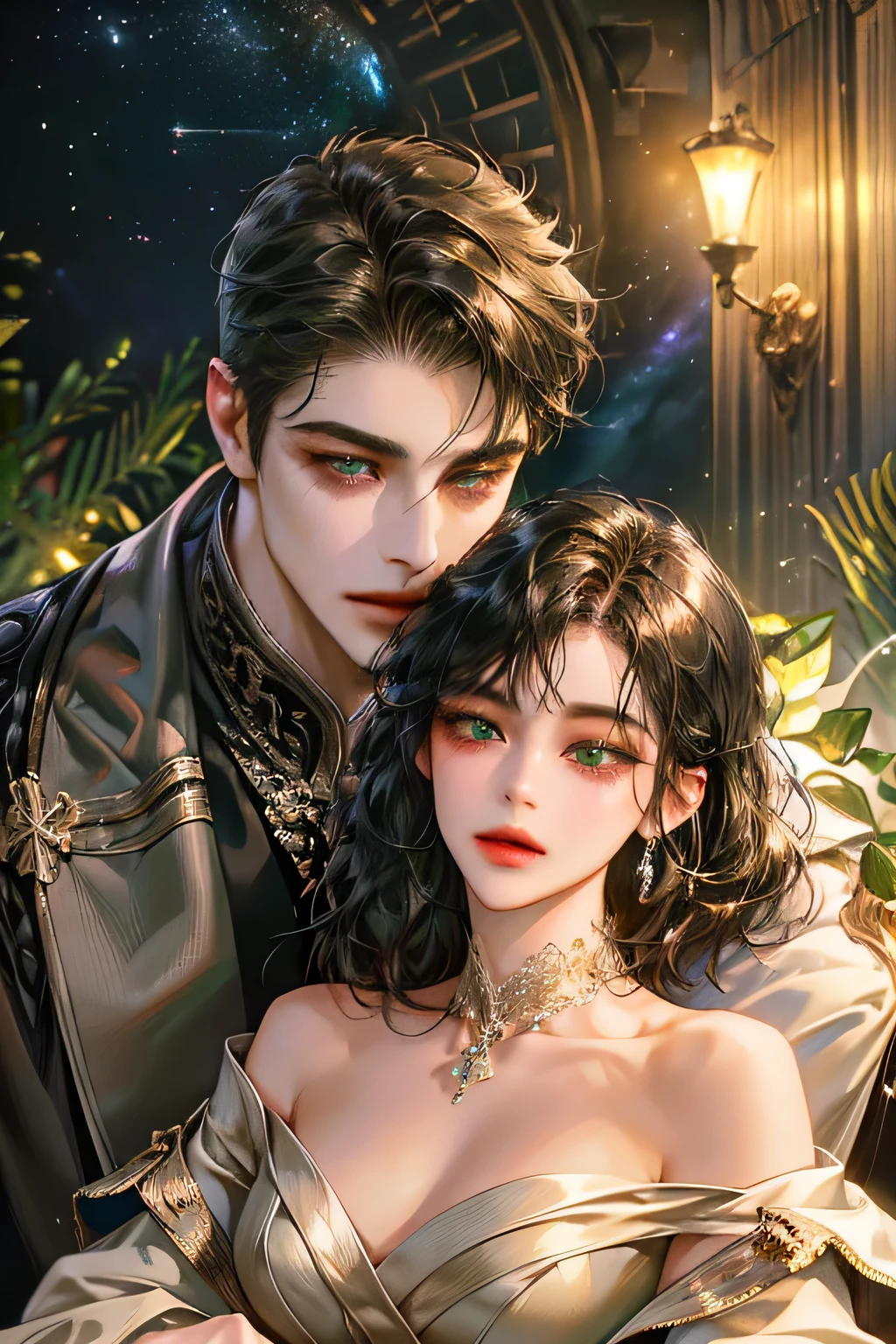 Couple, red wine hair, embrace, javanese style, masterpiece, best quality, realistic, romantic and charming, 29 years old, light black eyes, serious, extremely detailed face, smile,, ((short-right-swept, red wine hair)), [ eyebrows], black suit, prambanan temple, accurate, detailed