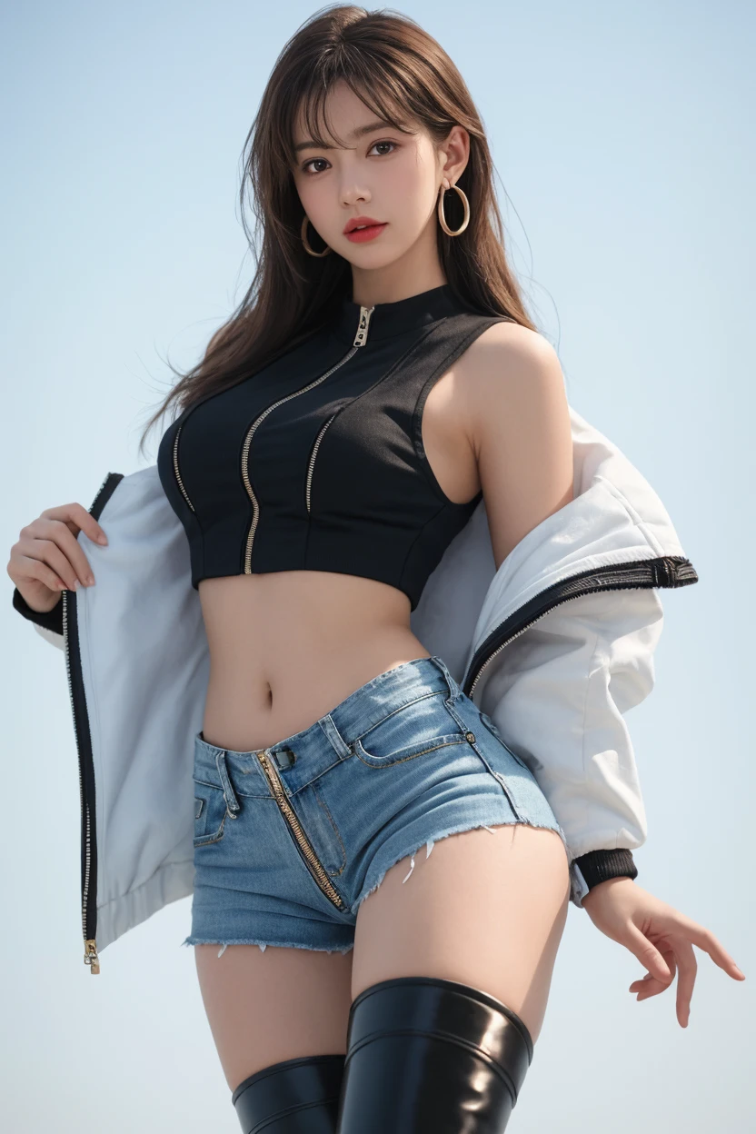 masterpiece,ultra detailed,black cap,patterned white crop top,denim short pants,navel-baring,(tanned skin),brown hair,thick thighs,curvy body,(tareme),make-up,black jacket,28 years old,seductive female,curvy sensual face