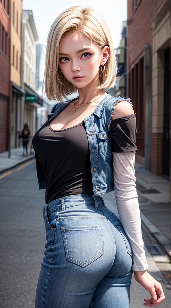 1 girl,pose sexy,highest quallity,work of art,人物,Very delicate and beautiful,CG,unity,8 k wallpaper,marvelous,finely,work of art,offcial art,very detailled CG unity 8 k wallpaper,Incredibly Absurd,huge filesize,super verbose,high resolution,very detailled,beautiful detailed girl,realisitic,full front,plein-air,light contrast,standing alone,Android 18,가슴,hair blonde,neckleace,blue colored eyes,jeans,aretes,waist belt,jewerly,realisitic,gazing at viewer,overskirt,striped,lips,hands clasped,chemise,offset,jeans overskirt,vest,((breasts big))、((Dedos realisitics e bonitos))