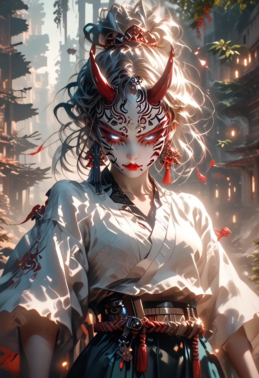 Girl 1, guerrero, holding a katana in his hand, Katana Emits a Sharp Blue Glow, Beautiful figure, Samurai, Intertwined Rope Belt, light armor, There is an Oni mask hanging from the Belt, bright lilac eyes, by the wide, two color hair (Red and Series), develops in the wind, ancient ruins background, The Broken Column, tower, clear drawing of details, All according to the Author, The brightest colors, fancy, cinematographic film still, score_9, score_8_above,score_7_above, dramatic lighting, Very detailed, high budget,bokeh, cinemascope, epic, gorgeous, film grain, grainy,masterpiece, Best Quality, perfect anatomy, very aesthetic, official art, 8k, The full image, longitud total, Wide Grip,