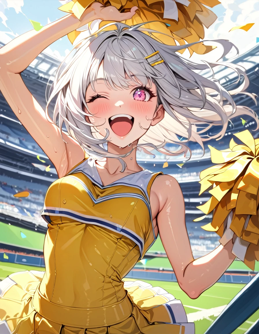 ((masterpiece)、(absurdres)、(ultra detailed)、(8k),Anatomically correct,solo girl、 (shiny white hair)、shortcut hair、(shiny pink eye)、(middle breast:0.8)、(Cheerleader yellow costume)、support,BREAK、(yellow hairpin)、BREAK、happy,smile,open mouth,arms up,jumping pose,sweat,Spectator seats in the stadium,Enthusiasm,closed one eye,wind,cowboy shot,side view:0.9,