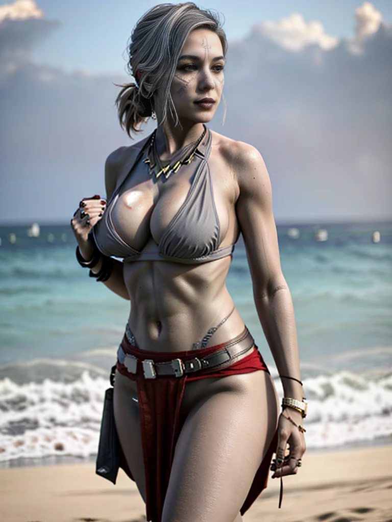 ((Carrie Fisher as Princess Leia from Star Wars)), long brunette braid, perfect breasts, toned body, naked, at the beach, tropical location, morning sunlight, smile
