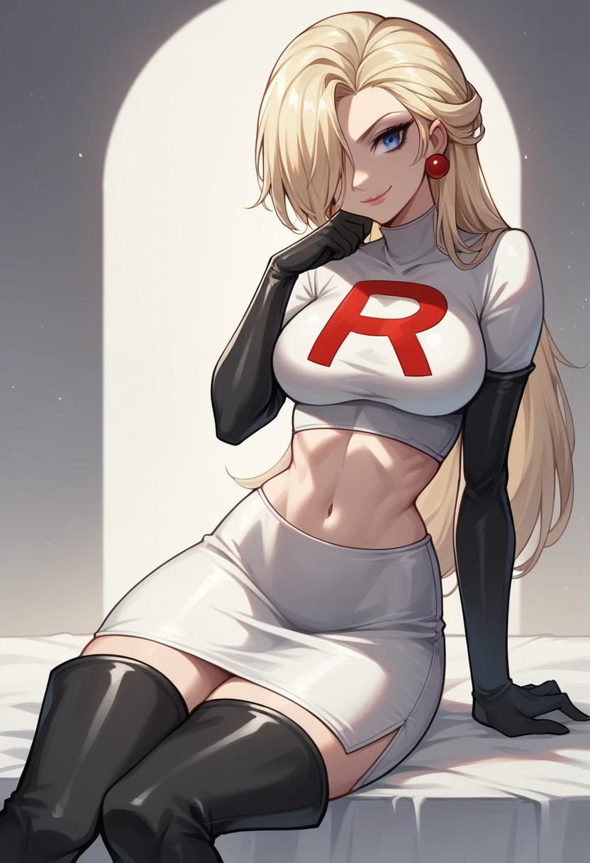 elsa, 1girl, solo ,blonde hair, blue eyes ,hair covering one eye, hair ornament ,glossy lips, earings ,team rocket uniform, red letter R, white skirt,white crop top,black thigh-high boots, black elbow gloves, closed mouth, evil smile,