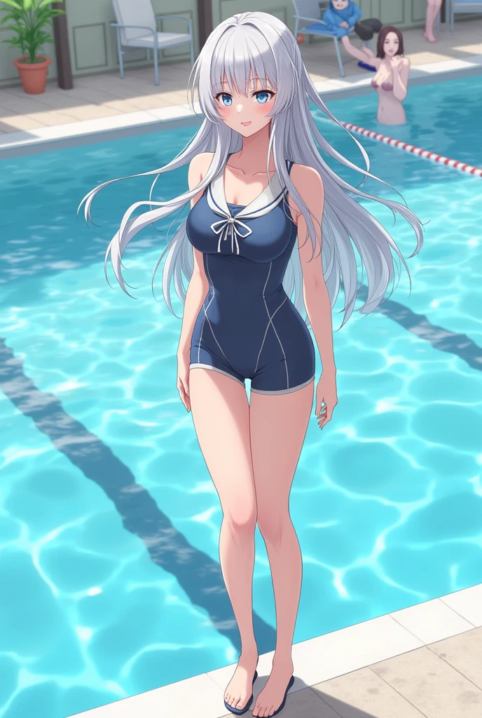 score_9, score_8_up, score_7_up, source_anime, masterpiece, absurdres, medium breasts, mature woman ,perfect face, 1girl, cute expression, smiling, looking at viewer, full body, standing, arched back, pool, alisamikhailovna, alisamikhailovna kujou, long hair, bangs, blue eyes, ahoge, gray hair, red ribbon, white school swimsuit