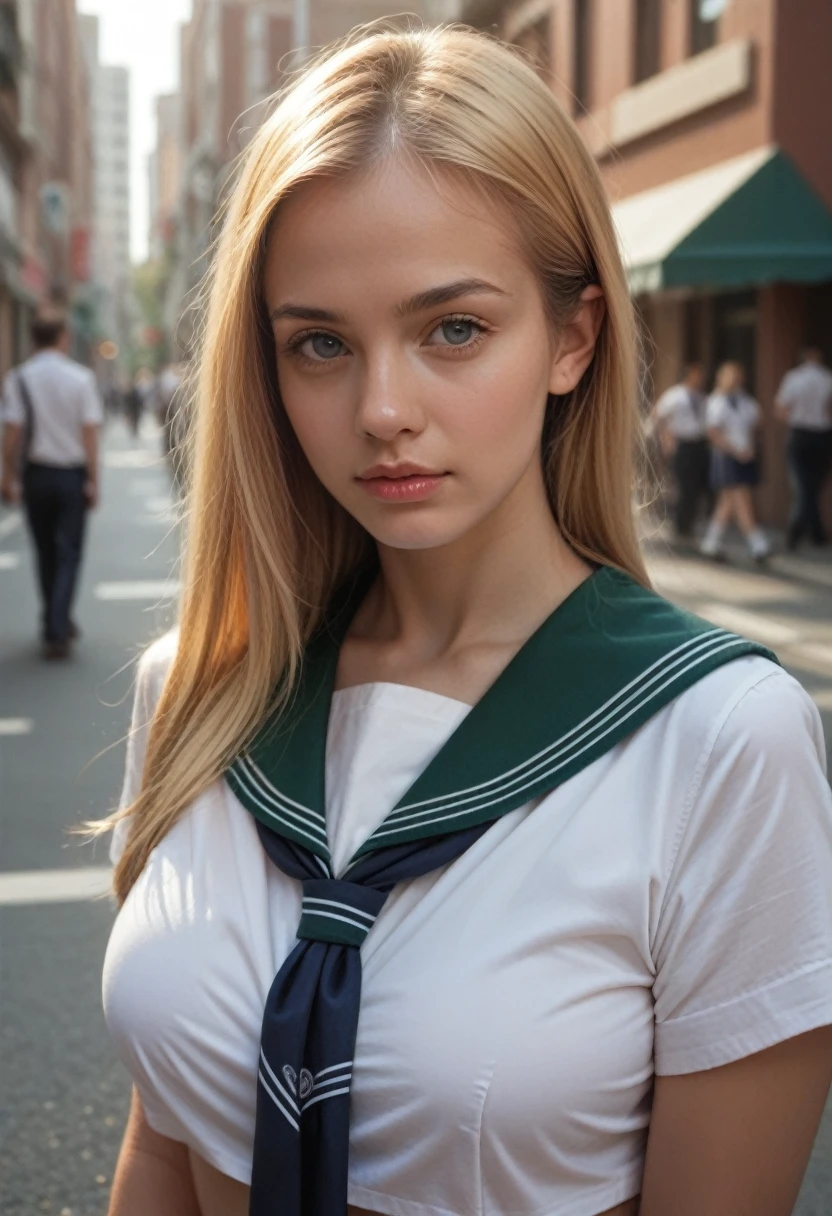 score_9, score_8_up, score_7_up, (realistic:1.20), realistic, 1girl, street, large breasts, detailed body, upper body,, , [Shag haircut, Honey blonde hair],, , [school uniform],