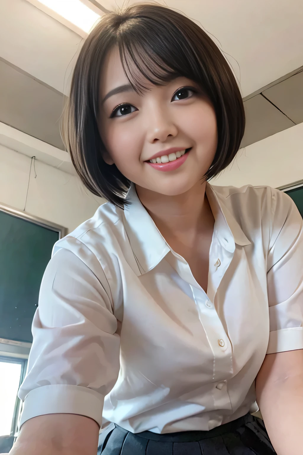 ((top-quality、8K、​masterpiece:1.3))、女の子1人、Slender Abs、sofas、hyperdetailed face、A detailed eye、二重まぶた、straight flat chest、tiny chest、small tits、neat college girl、short-hair、Straight bob hair、Shorthair with bangs、A smile、Schoolgirl Uniform、Panties are visible from the skirt、a 20 yo woman、Sheer white shirt、Dark blue pleated micro mini、Sexy、Peek at the viewer、Beautiful graphics、Bright school building with strong sunlight、Show me your whole body、sitted、Crouching、Plump panties、White Sox、White panties are always visible from the skirt