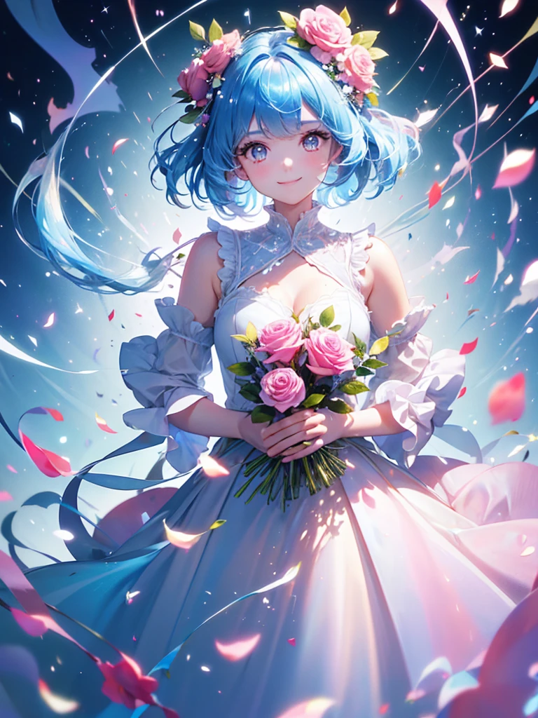 Sky blue hair, (Braided Ponytail),(Pink Eyes),Fair skin ,(whole body),(1 Girl),bride,blush,Straight bangs, 6月のbride,Wedding dress,(masterpiece, Highest quality, Very detailed, Best Shadow), (Detailed Background), (Beautifully detailed face), High Contrast, (Best lighting, Very delicate and beautiful), ((Cinematic Light)), colorful, Hyper Detail, Dramatic Light, Intricate details,Wedding hall,Bouquet of roses