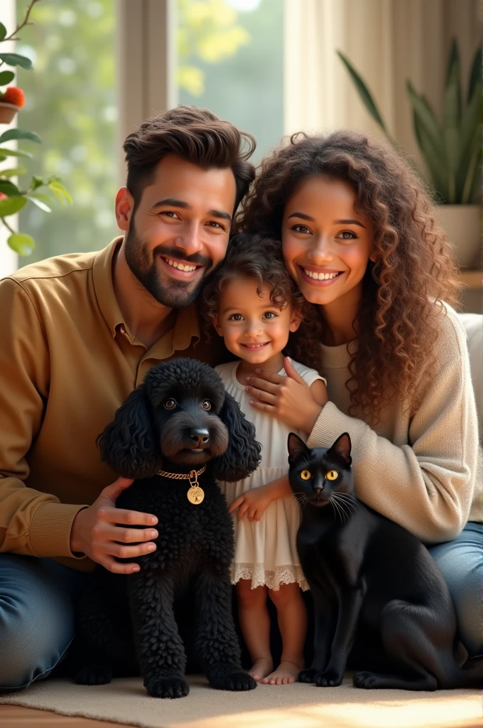 Two kittens together, one black with green eyes and one white and black with brown eyes, father, mother, teenager and nine-year-old child  