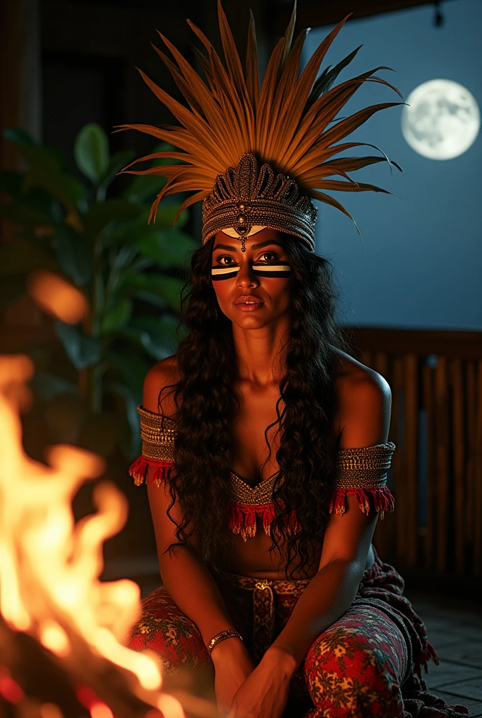 (Shaman indigenous ),ultra quality, Black hair very long large, abdômen detailed, half moon, indigenous shaman,(Woman warrior), 8k, campfire, ultra quality, highlights , realist, big tits nude, nipples pontudos