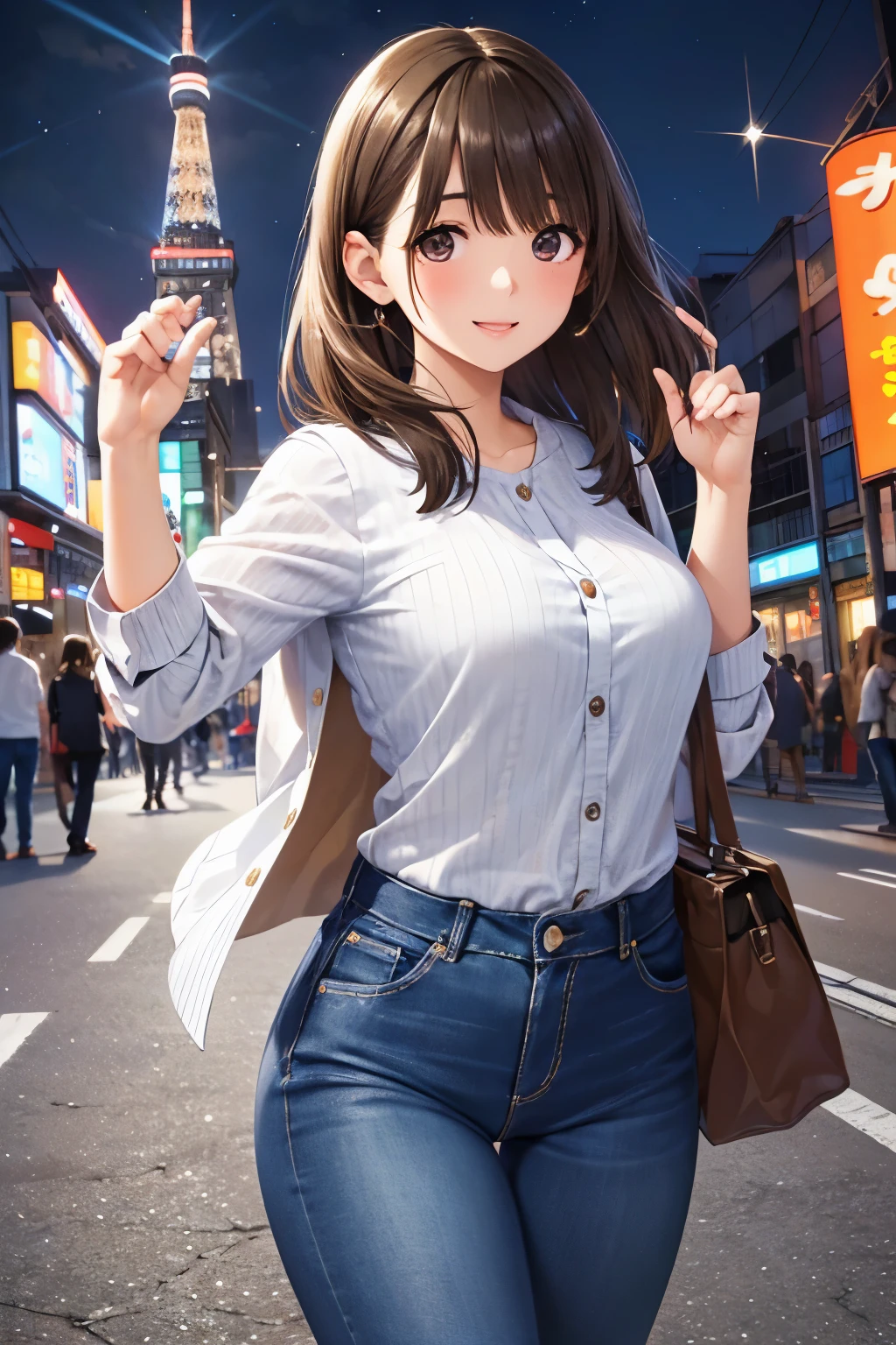 Nene Kasaki々、Shiny brown hair, (Beautiful brown eyes、Sparkling eyes, fine grain)、smile、Very fine eye、Highly detailed face, Highly detailed eyes,Cowboy Shot、
(masterpiece, Highest quality:1.1), (Gradient check shirt、Denim pants),Flat Color,(two),Cute Face,,Have a nice trip,
(Tokyo Tower at night),Japan, Beautiful detailed scenery, Beautiful lighting,very happy,Dynamic pose,Portrait Photography, sharp,An illustration:unreadable,