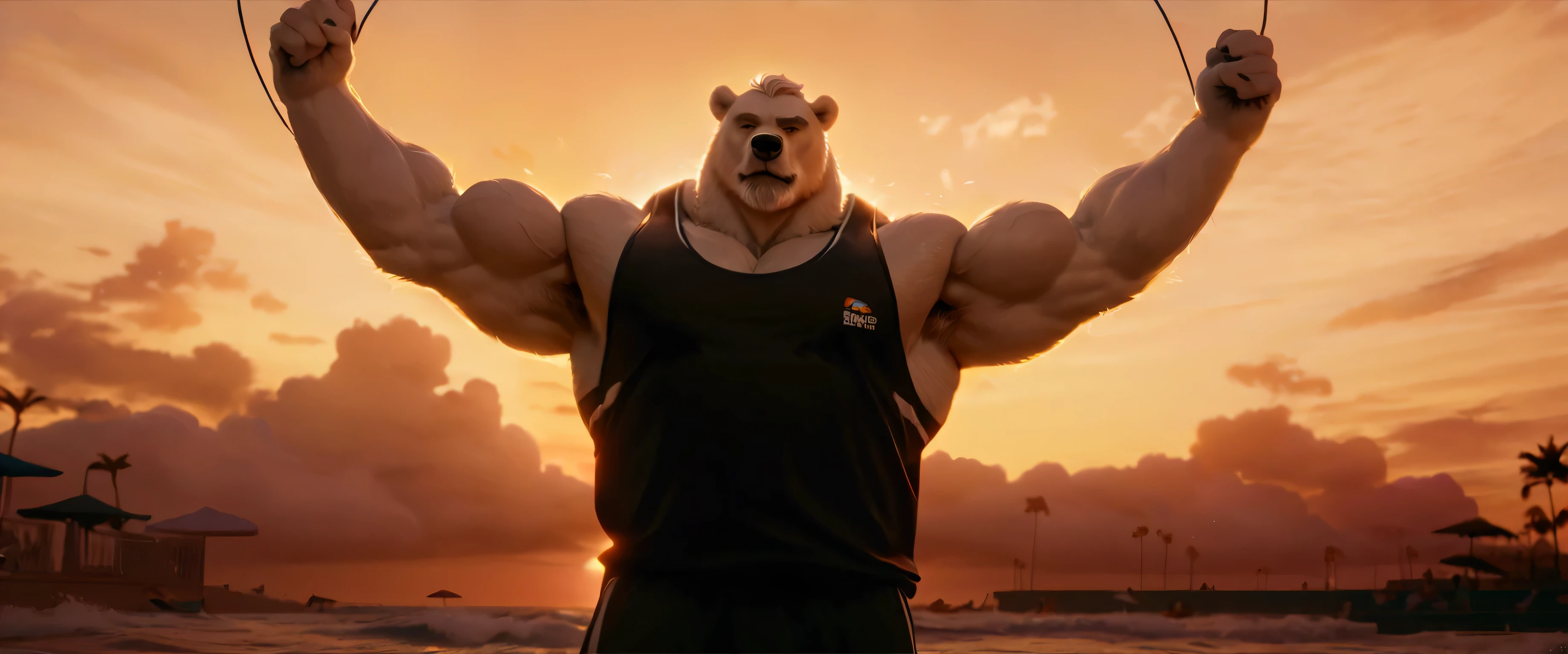 huge muscular polar bear in muscle beach, big hulking workout, grunting noise, polar bear, huge white fur, thick arm, huge arm, added thick mustache, added thick beard. Short white hair, (veiny muscular, veiny pectoral, wide pectoral, thick arms), beach, palm, sunset, realistic, 8k, masterpiece, gray eyebrows added, deatiled eyes with blue pupils, (wearing black gym shorts, black wristbands, black gym tank top, black socks and black gym shoes), cable crossover machine workout,