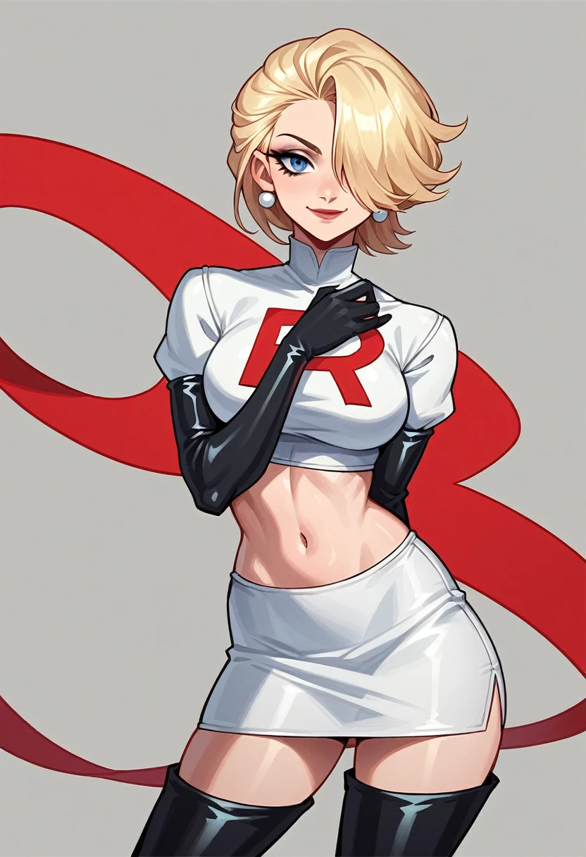 elsa, 1girl, solo ,blonde hair, blue eyes ,hair covering one eye, hair ornament ,glossy lips, earings ,team rocket uniform, red letter R, white skirt,white crop top,black thigh-high boots, black elbow gloves, closed mouth, evil smile,
