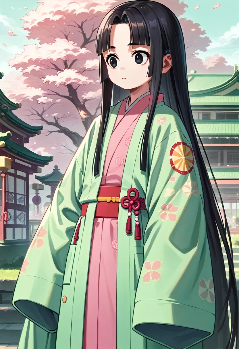 (masterpiece, best quality, very aesthetic, ultra detailed), score_9, score_8_up, score_7_up, 1 girl, child, intricate details, 4k, long hair, Fuji Forehead, Kurohime cut hair, parted bangs, black eyes, (bad mood:1.5), pink kimono, green kimono coat, opened coat. standing, outdoors,