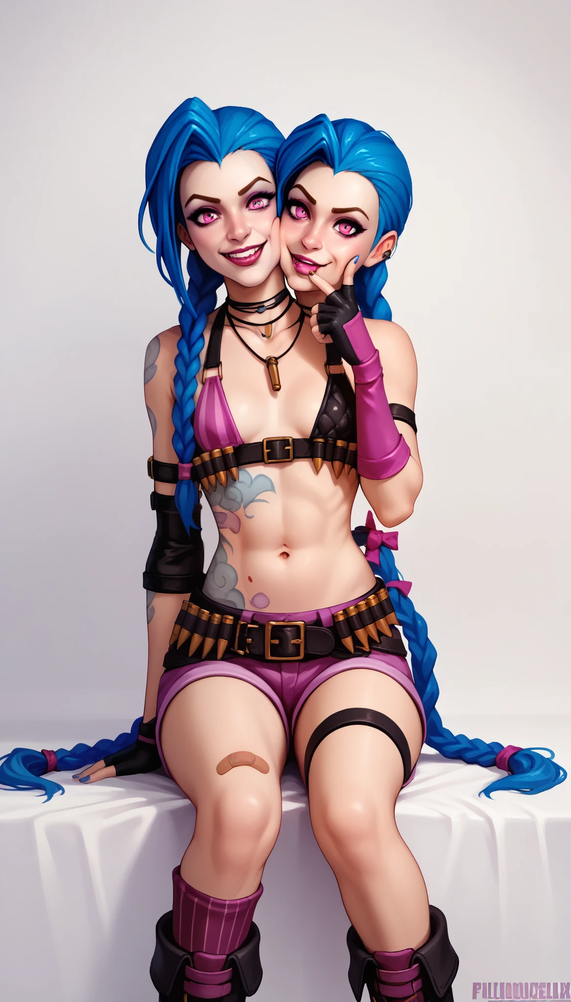 JinxLoLXL, pink eyes, blue hair, bangs, long hair, braid, twin braids, tattoo, small breasts, necklace, bikini top only, (two-tone bikini top), navel, gloves, single elbow glove, fingerless gloves, bullet belt, purple short shorts, single purple thighhigh, bandaid on leg, boots, solo, sitting, looking at viewer, kiss on cheek, conjoined, two heads