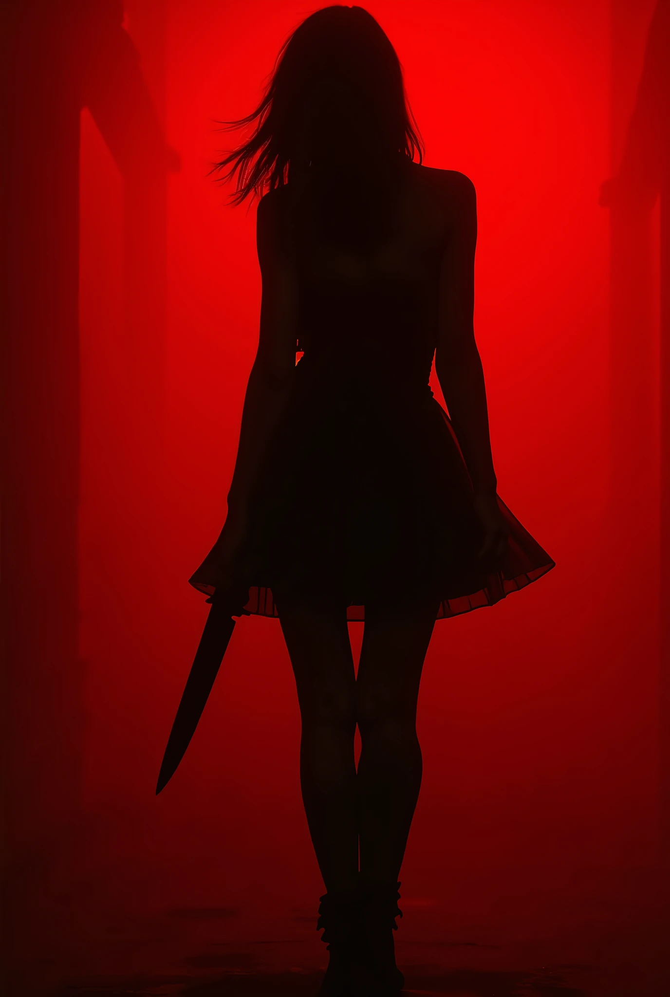 please make a cover for a book, the background should be red with a black shadow of a woman with a knife