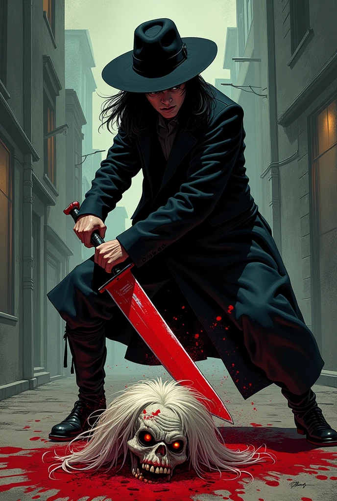 Light skinned, 25 years old Possessed swordsman with glowing red pupils, wearing a black leather cap, black trenchcoat, blood stained gloves and holding a blood stained Odachi (drawing style, not humanized)