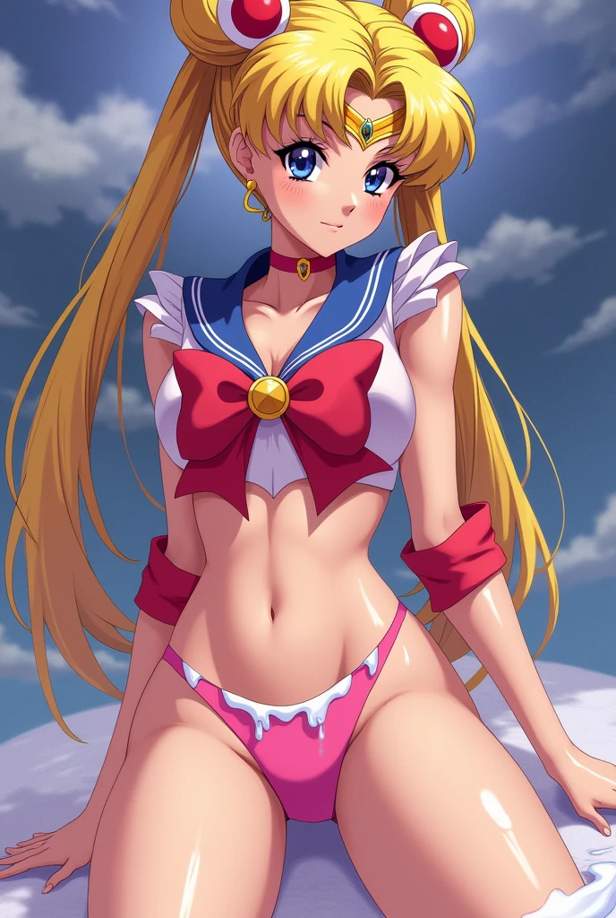 Obra maestra, La mejor calidad, High resolution, 1 girl, solamente, Uniforme Sailor Senshi, SMMoon, 1990's \(estilo\), cabello rubio, Magical Girl, ojos azules, falda azul, Guantes hasta el codo, tiara, falda plisada , Collar marinero azul, minifalda, gargantilla, gargantilla azul, Guantes blancos, Pelo muy largo, jewely, Pendientes, sentada, Piernas cruzadas, muy sexy.  PIERNAS ENROSCADAS