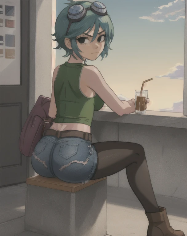 masterpiece, best quality, 1girl, solo, closed mouth, looking at viewer, sitting down, carrying a purse, scottpilgrimvstheworld, Ramona Flowers. (Wearing: goggles, opened tan jacket, black camisole, denim short-shorts, black pantyhose, tan boots). Shot taken from behind, looking from behind, ass view
