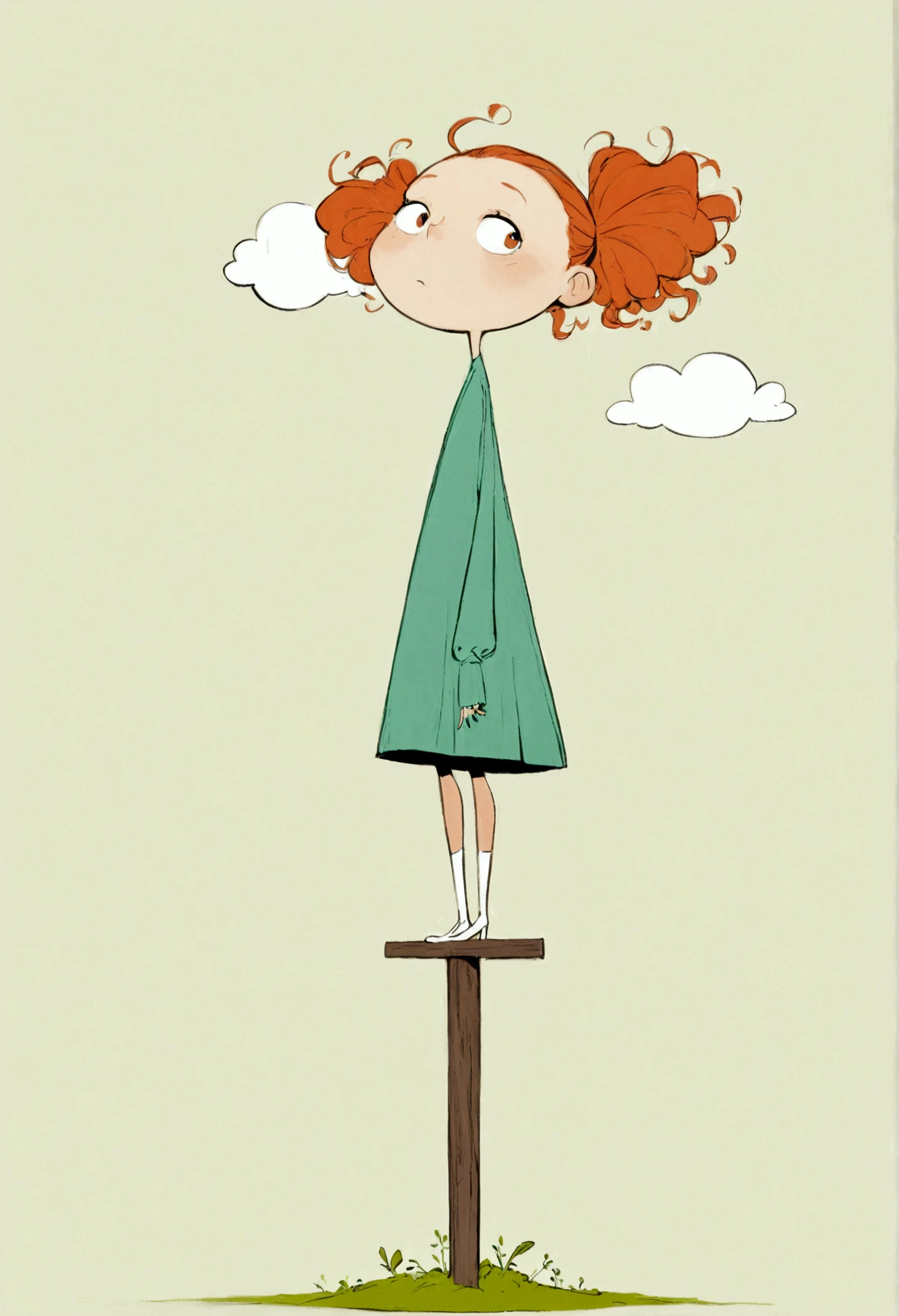 Ewa Poklewska-Koziełło in style of Mike Azevedo，Cartoon graffiti ， standing on a wooden stake looking into the distance，White Cloud，Fear of heights，whole body, Solid color background