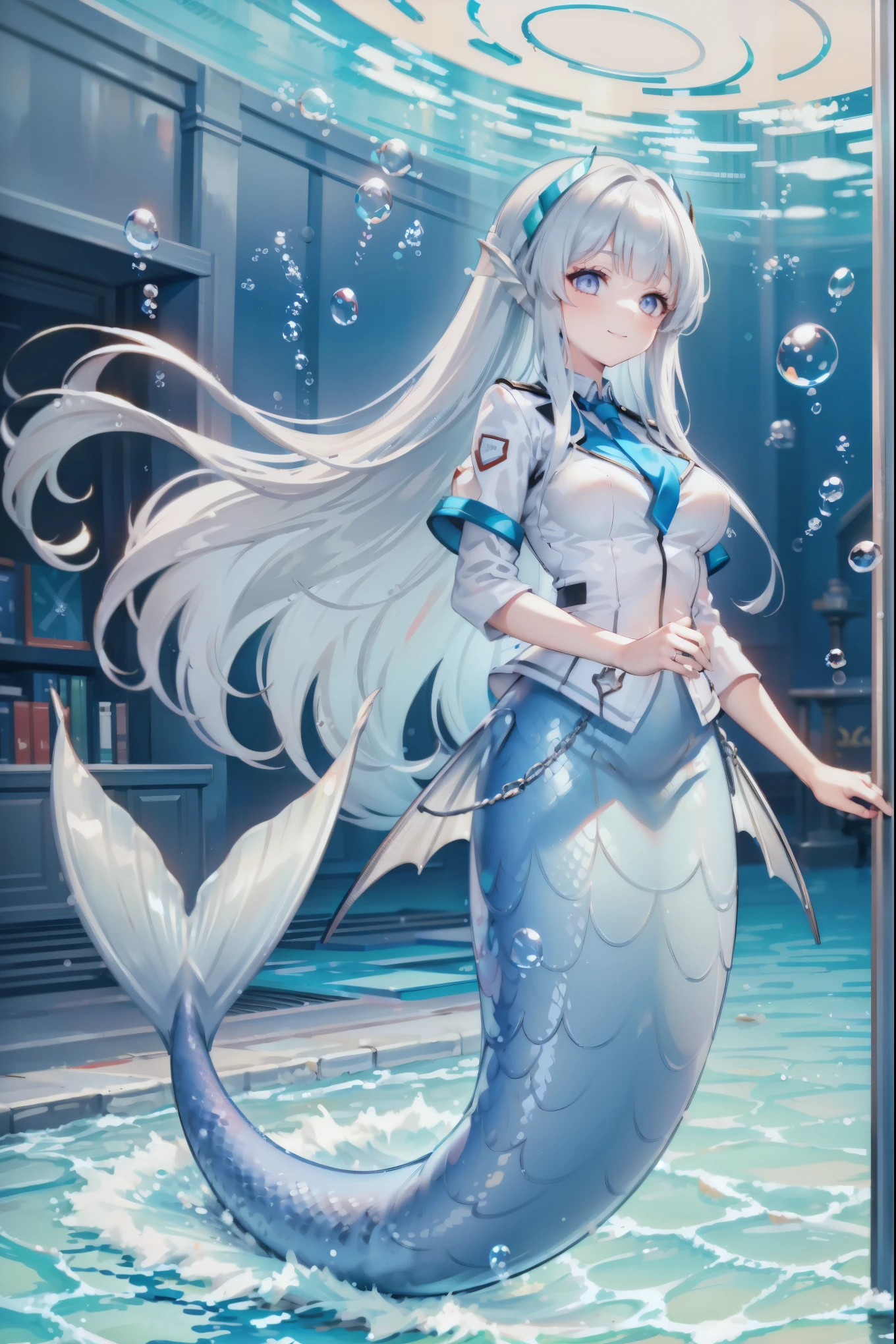 masterpiece, best quality,A girl,White long hair,blue eyes,Solitary,Large Breasts,Mermaid,白色的Mermaid尾巴,Uniforms,full-body shot, (In the water:1.2), (bubble:1.3), Inside the train, (Surrealism:1.2),Blurred foreground,Looking at the audience,Smile