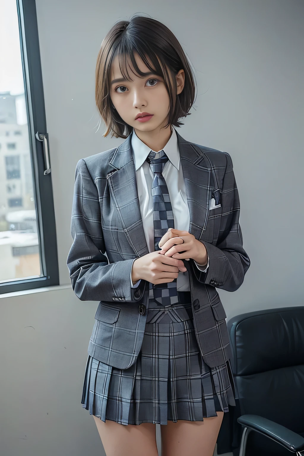 ((masterpiece:1.4))、((Flying debris:1.4))、((Woman with short light brown hair:1.4))、((Cowboy Shot:1.4))、((Front shot:1.4))、((She is standing in the company office., A grey checkered pleated skirt that accentuates the thighs.:1.7))、((High School Girl Uniform Tie:1.4))、Very sexy outfit, ((Wearing a strict dark blue blazer suit:1.4))、High school girl blazer uniform、Sexy look,((Woman with sad expression:1.4))、((A girl with short hair:1.5))、