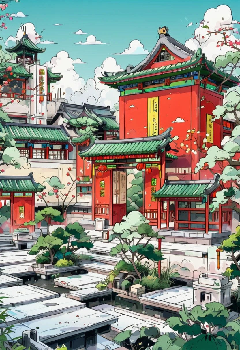 Miyazaki Hayao style, A tall red and green temple in the background with white clouds., Surrounded by traditional Chinese buildings and colorful characters., vibrant colors, cartoon style, Very detailed, ultra high resolutions, 32k UHD, masterpiece, Best Quality