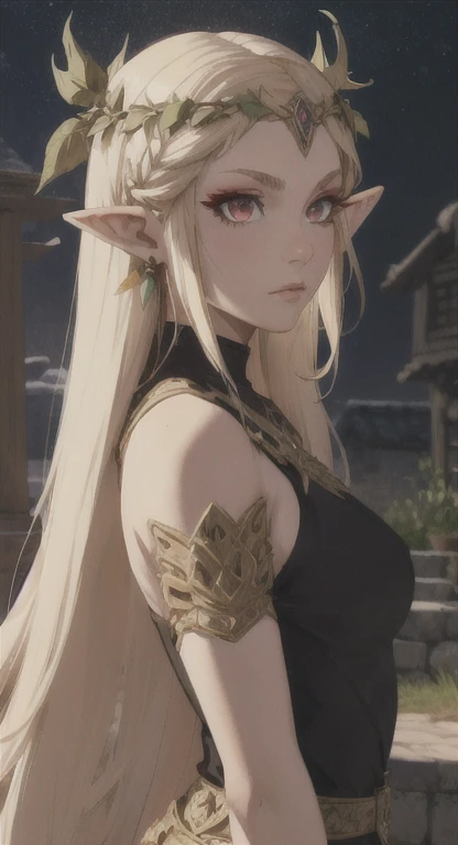 Ancient Hylian, Devine heroine, princess Hylia, blonde, red eyes, glaring at viewer, ancient Devine armor, long messy hair, ancient Hyrule, medieval Town, midnight,