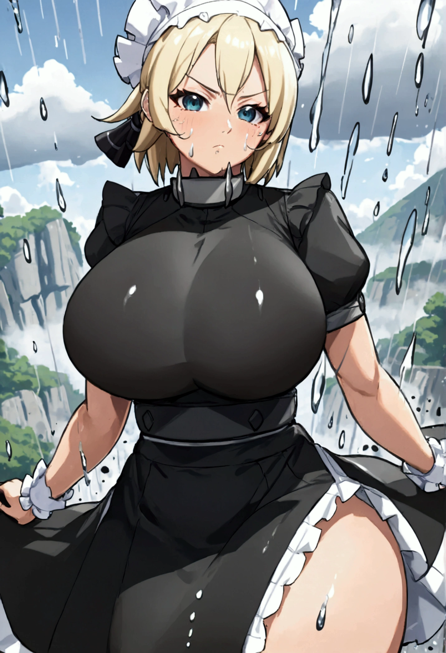 (8k, Highest quality, Anime Style, View your viewers, Intricate details:1.3),(One woman, Tsunade from naruto, Big Breasts, I can see the valley), (black and white maid outfit, See-through, Sweating, The whole body is visible, Being hit by rain, Soaking wet)