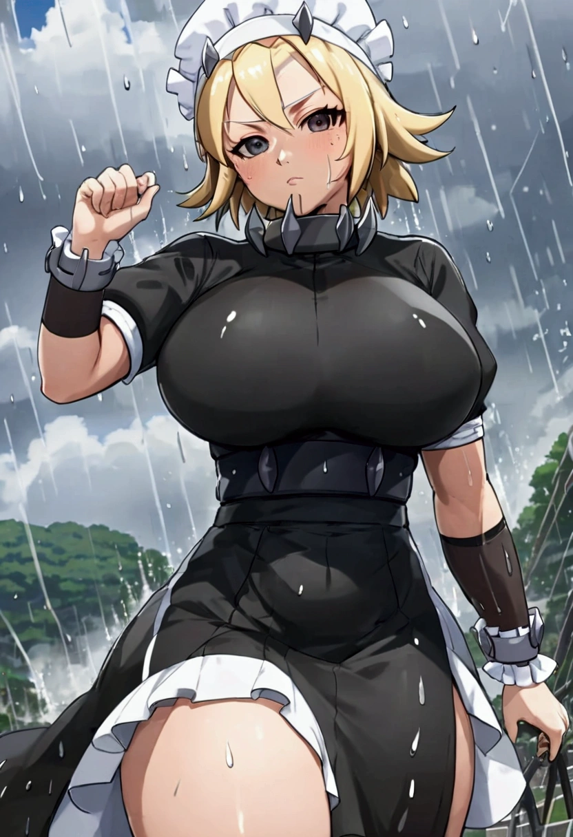 (8k, Highest quality, Anime Style, View your viewers, Intricate details:1.3),(One woman, Tsunade from naruto, Big Breasts, I can see the valley), (black and white maid outfit, See-through, Sweating, The whole body is visible, Being hit by rain, Soaking wet)