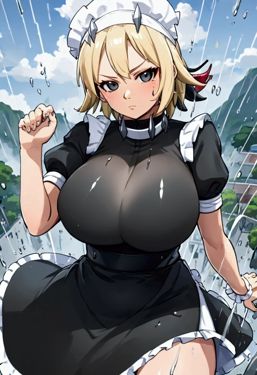 (8k, Highest quality, Anime Style, View your viewers, Intricate details:1.3),(One woman, Tsunade from naruto, Big Breasts, I can see the valley), (black and white maid outfit, See-through, Sweating, The whole body is visible, Being hit by rain, Soaking wet)