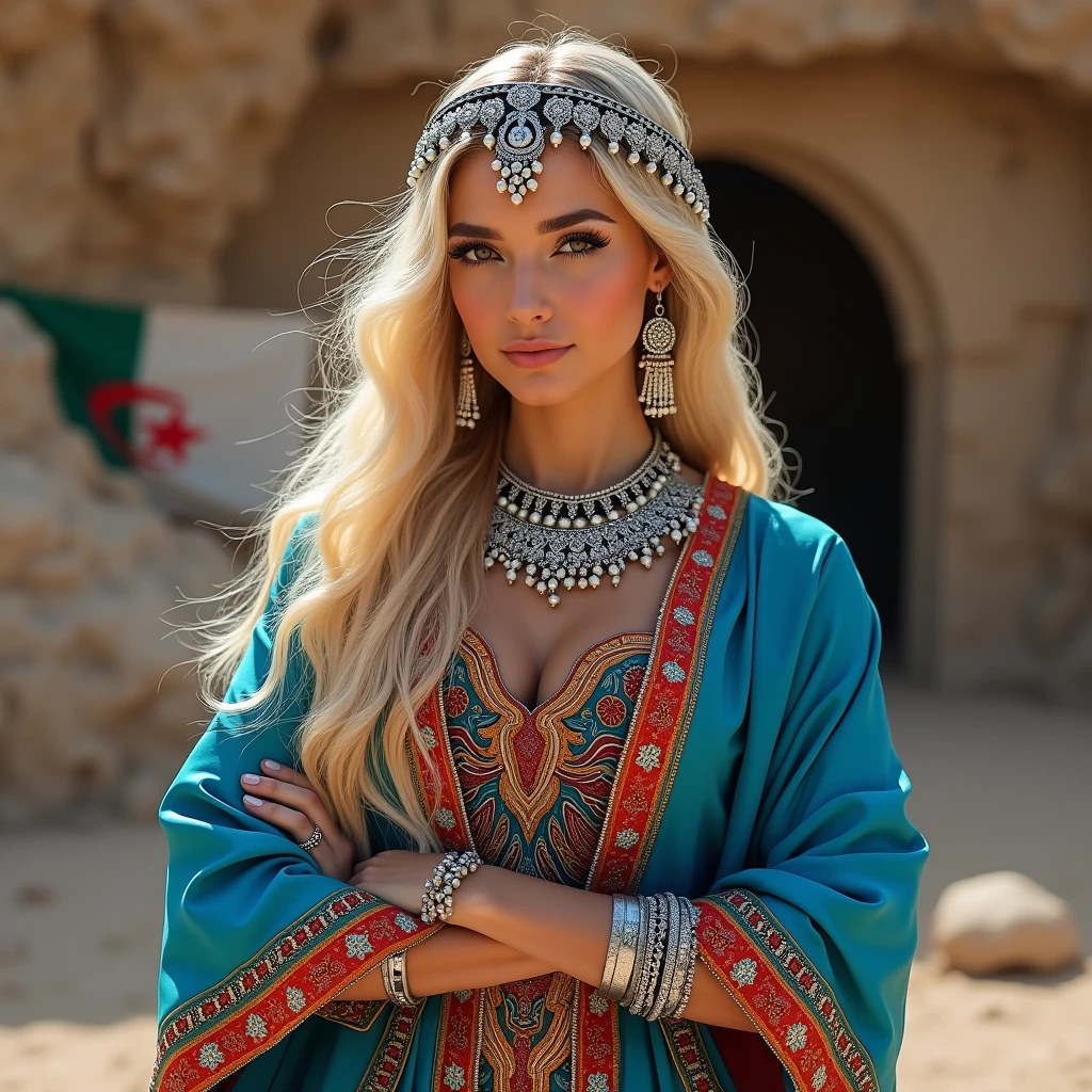 Masterpiece, porn, nude, best quality, ultra high res, 1 girl, fit, tiny waist, smiling, blushing, pink cheeks, blonde woman wearing a moroccan caftan, <lora:Moroccan_Caftan:0.6>, green and blue fabric, golden embroidery, high quality, face details, <lora:skirtliftTheAstonishing_skirtliftv1:1>