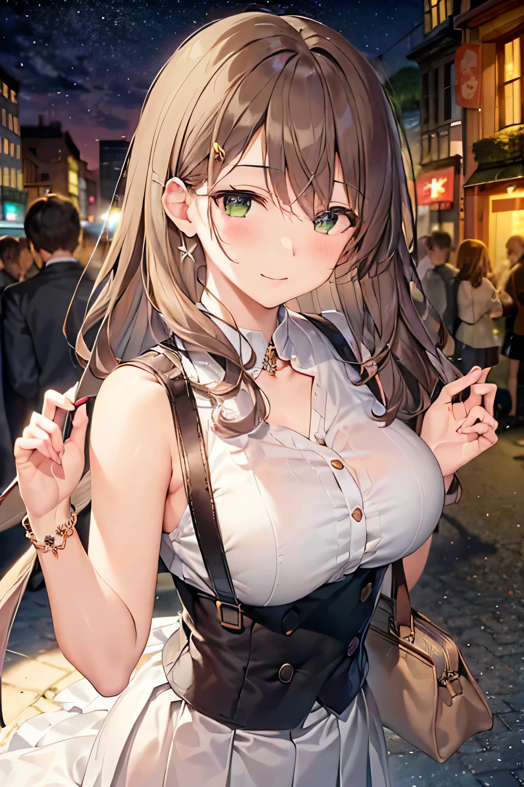 ((masterpiece, Highest quality, High resolution, Hmm., Pixel perfect, Written boundary depth, 4K, RTTX 10.0, High resolution))),Big smile, 1 girl, single, alone, Beautiful Anime Girls, Beautiful art style, Anime characters, 24-years-old, ((Long Hair, bangs, Dark brown hair, Curly Hair:1.2, hairpin)), ((Detailed face, blush:1.2)), ((Green Eyes:1.8, Glitter effect, Thin lashes)), ((Smooth texture:0.75, Realistic texture:0.5, Anime CG style)), ((Medium chest)), Dynamic Angle, Big Breasts, Perfect body, ((close, throw, Portraiture, Cover your face)), ((White shirt, skirt:1.5, skirt folds, pleated skirt style)), (visible Good strap, Good strap), night, night lamp, Bokeh:1.4, (Outdoor, City Buildings, crowd), (Stylish, Handbags)