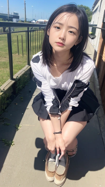 (8K, best quality, master piece: 1.5),super high resolution, One girl, solo, full body, bird's-eye view, junior high school student, ultra-detailed face, detailed eyes, rainbow colored iris, cyan eyes, bob cut, Silver gray hair, blunt bangs, hairclip, ?????? face, pale skin, Medium chest, short sleeve, show off panties, bare legs, anklet, garden,