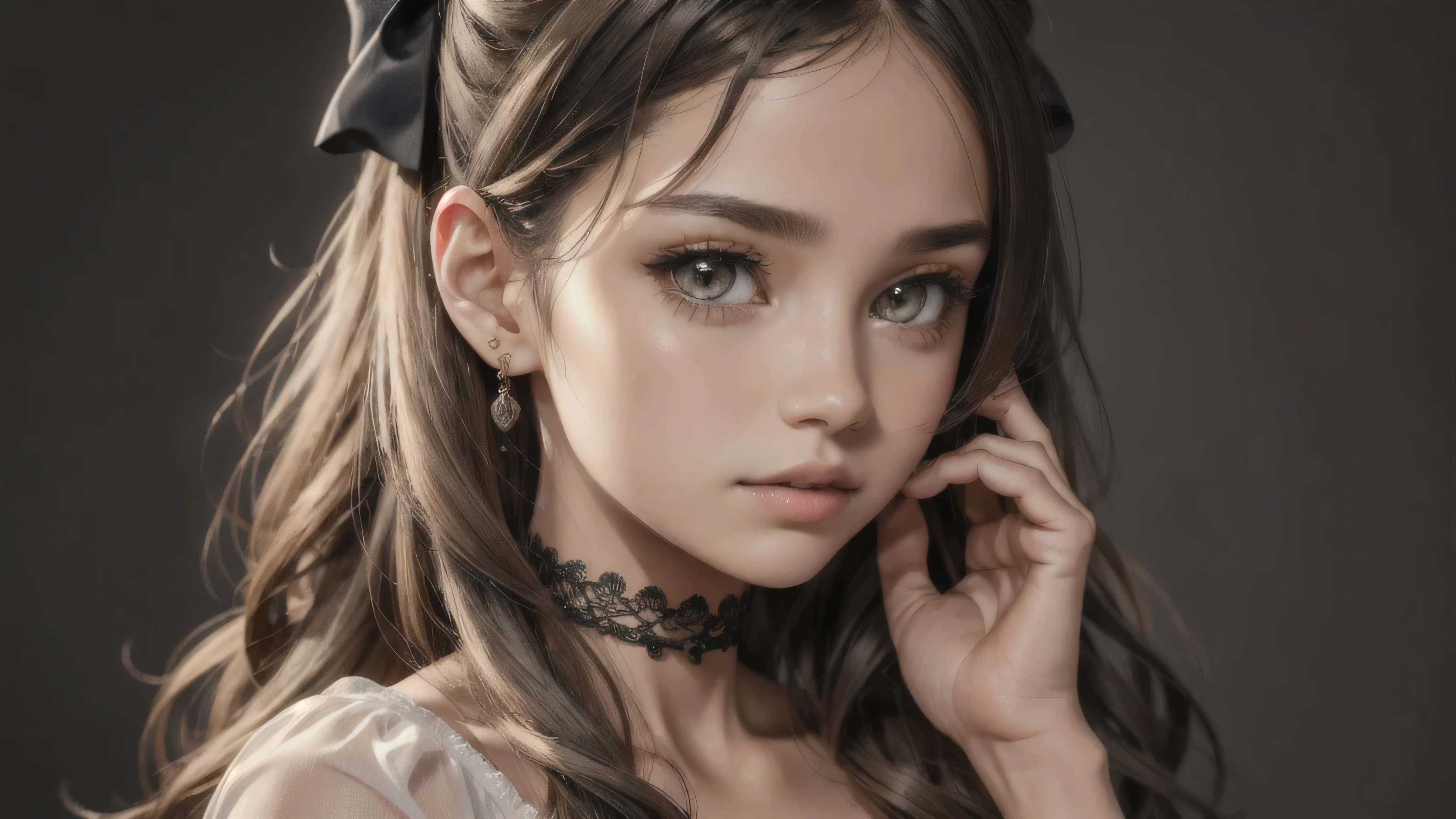 cute, ultra-detailed, illustration full body, intricate, detailed, extremely detailed, detailed face, soft lighting, soft light, soft focus, perfect face, beautiful, accurate anatomy, overexposure, 8k, 4k, (highres:1.1), best quality, (masterpiece:1.3), 1girl, solo, jewelry, brown eyes, looking at viewer, earrings, grey hair, bangs, choker, closed mouth, portrait, hair ornament, simple background, grey background, long hair, head rest, lips, hair bow, black choker, bow, eyelashes