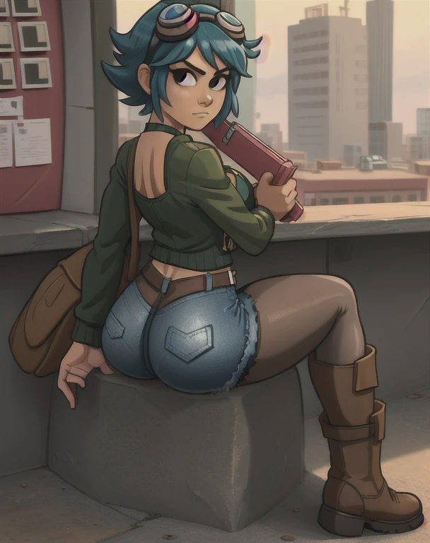 masterpiece, best quality, 1girl, solo, closed mouth, looking at viewer, sitting down, carrying a purse, scottpilgrimvstheworld, Ramona Flowers. (Wearing: goggles, opened tan jacket, black camisole, denim short-shorts, black pantyhose, tan boots). Shot taken from behind, looking from behind, ass view
