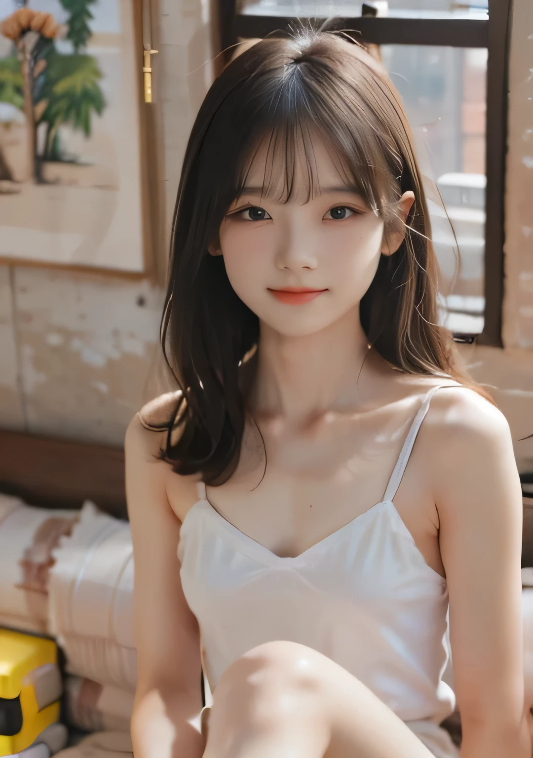 best qualtiy, tmasterpiece, 超高分辨率, realisticlying, 1girll, bshoulders, By the window,Head up and laugh heartily,the Sun Shining,