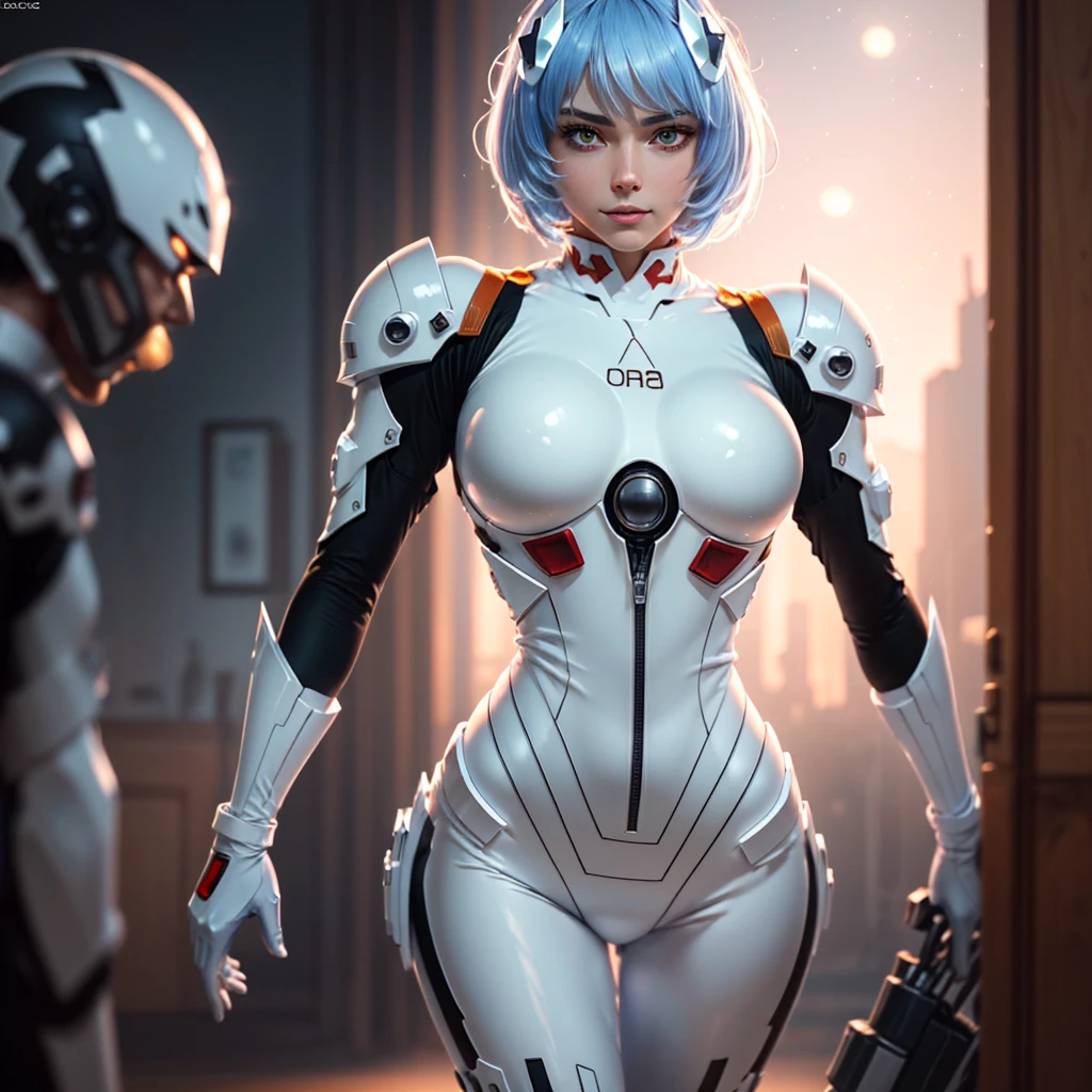 Evangelion,Rei Ayanami,Silver Blue Hair,Red eyes,Red Eyes,Plug Suit,Bodysuits,Interface Headset,白いBodysuits,Ultra HD,super high quality,masterpiece,Digital SLR,Photorealistic,Detailed details,Vivid details,Depicted in detail,A detailed face,Detailed details,Super Detail,Realistic skin texture,Anatomical basis,Perfect Anatomy,Anatomically correct hand,Anatomically correct fingers,Complex 3D rendering,Sexy pose,Rainy Sky,Beautiful scenery,Fantastic rainy sky,Picturesque,Pink Lips,