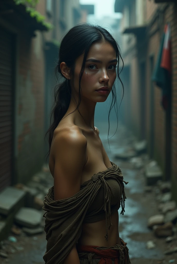 In a medieval marketplace stands a young dirty woman. A storm is approaching in the sky. (It's raining heavily). ((She wears dirty, worn, torn clothes)), belly-bare, off-the-shoulder, ((brown top)), ((gray long wrap skirt)), ((sad look)). (Masterpiece:1.2) (photorealistic:1.2) (Bokeh) (best quality) (intricate details) (8K) (High Poly) (Raytracing), (Sharp Focus), Belly button, groin, Inguinal tendon, (little light), Dark, in the shade, (She has dirty skin), (dirty face), (dirty face), (dirty clothes), (disheveled wild black hair), Night Falls