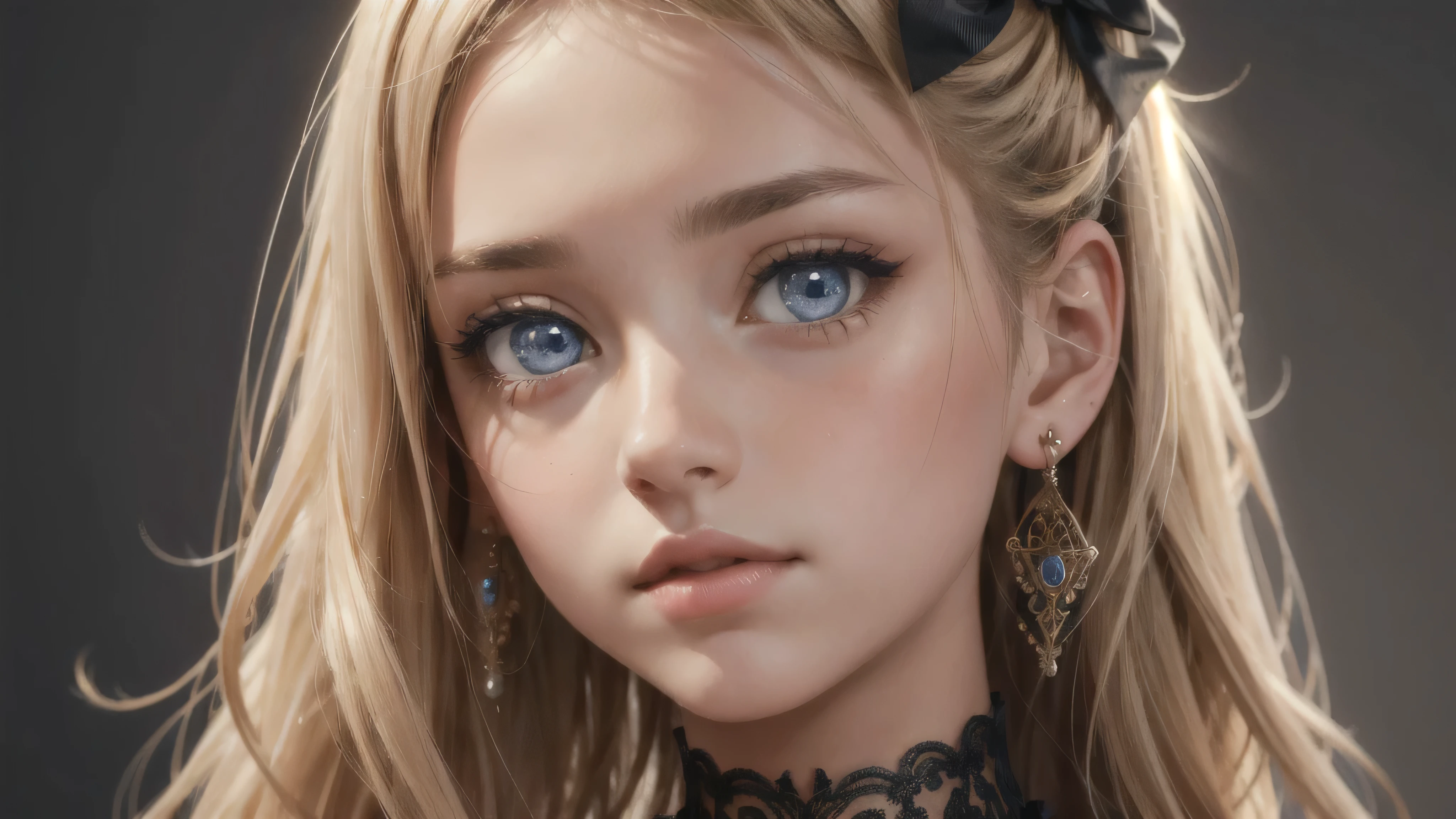 cute, ultra-detailed, illustration full body, intricate, detailed, extremely detailed, detailed face, soft lighting, soft light, soft focus, perfect face, beautiful, accurate anatomy, overexposure, 8k, 4k, (highres:1.1), best quality, (masterpiece:1.3), 1girl, solo, jewelry, blue eyes, looking at viewer, earrings, blonde hair, bangs, choker, closed mouth, portrait, hair ornament, simple background, grey background, long hair, head rest, lips, hair bow, black choker, bow, eyelashes