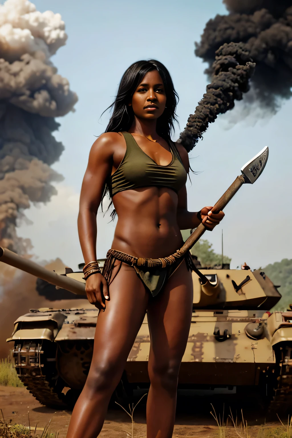 Sheena queen of the jungle, dark wet skin, holding a battle axe, wearing a tan loincloth and loincoth top, next to a damaged tank, realistic, smoke coming from tank