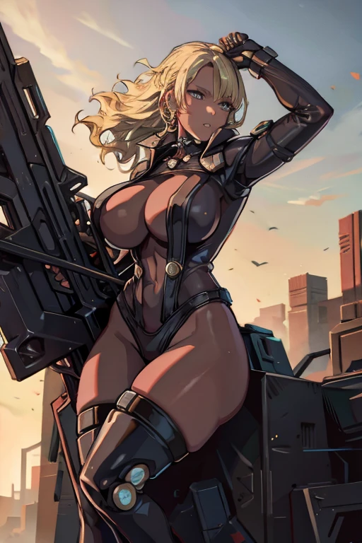 sf,cyber punk,Near future,A ruined world,Busty women,Mechanical Arm,Machine Joints,Blonde,Long Hair,Curly Hair,Knee Up,