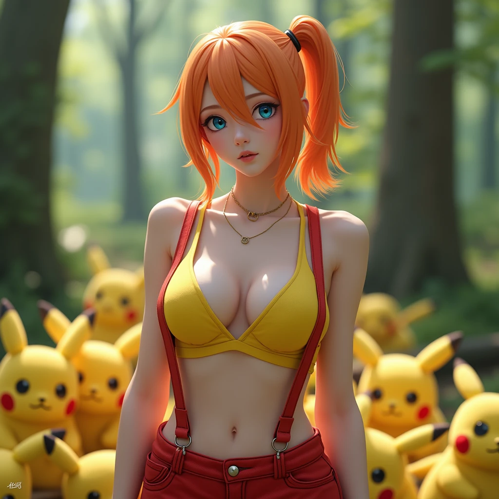 (Highest quality,8k,32K,masterpiece,Ultra-high resolution :1.2 ),born,one person,Super cute,Natural light,Clear, shining eyes,20-year-old,Fair skin,Fantasy background of an electronic world like a park with a fountain in summer,Large Breasts,Large Breasts,Good,Pikachu Cosplay,Pikachu's ears,Pikachu's food,Pikachu's tail,An innocent smile,Electrically charged,Pink Hair,Brown Hair