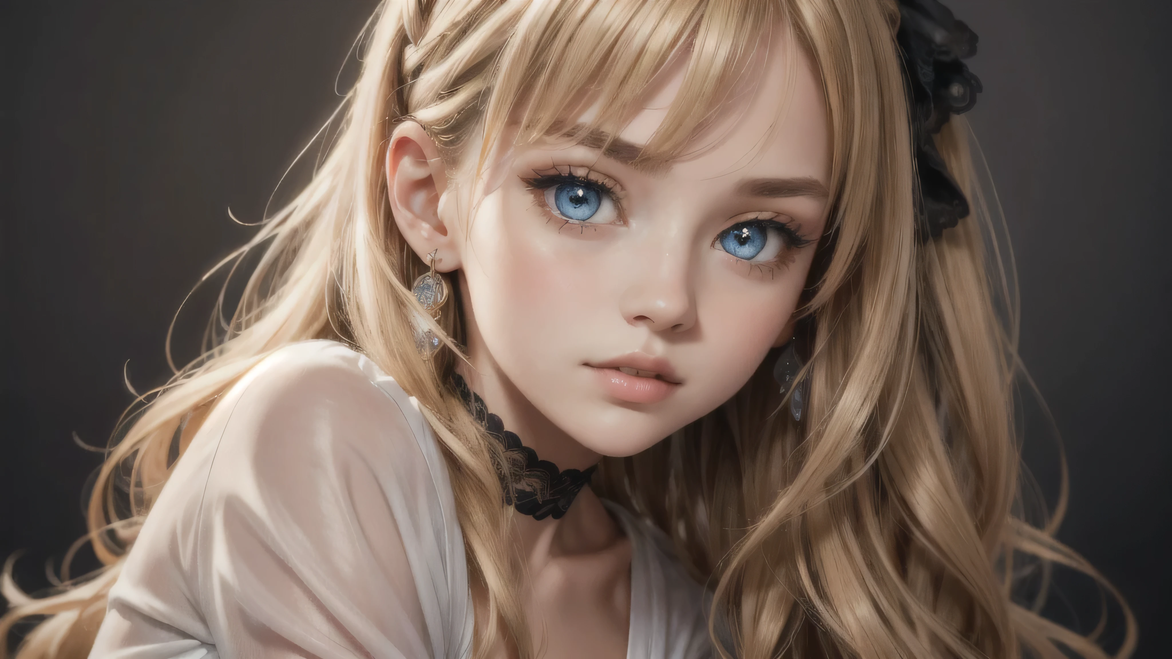 cute, ultra-detailed, illustration full body, intricate, detailed, extremely detailed, detailed face, soft lighting, soft light, soft focus, perfect face, beautiful, accurate anatomy, overexposure, 8k, 4k, (highres:1.1), best quality, (masterpiece:1.3), 1girl, solo, jewelry, blue eyes, looking at viewer, earrings, blonde hair, bangs, choker, closed mouth, portrait, hair ornament, simple background, grey background, long hair, head rest, lips, hair bow, black choker, bow, eyelashes