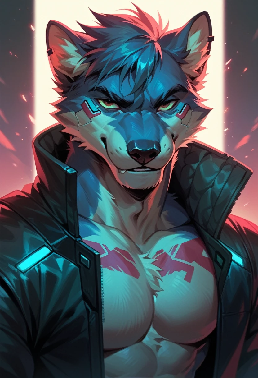 Male head, furry style, dark, cyberpunk 