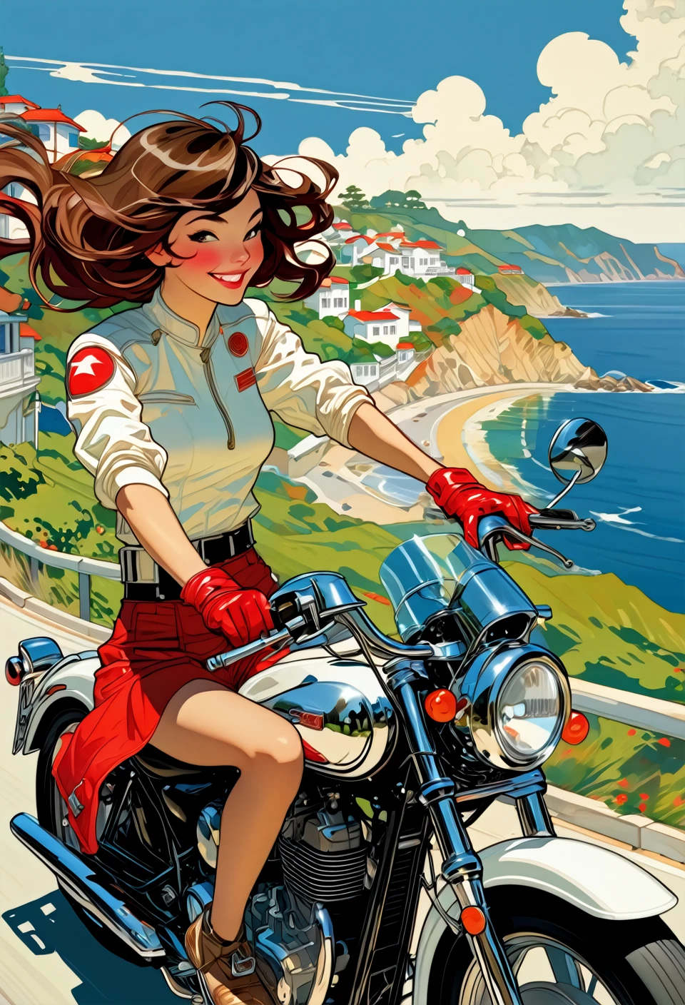 Anime style by J.C. Leyendecker illustration of a Japanese girl riding a vintage motorcycle down a scenic coastal road. The girl is wearing a red helmet and leather gloves, smiling joyfully with her hair flowing in the wind. The background features a breathtaking view of a seaside town with white buildings, lush green hills, and a sparkling blue ocean under a clear, sunny sky. Puffy white clouds are scattered across the sky, and the road curves along the hillside, offering a perfect view of the coastline. The overall mood is energetic and carefree, capturing the thrill of a summer ride by the sea.