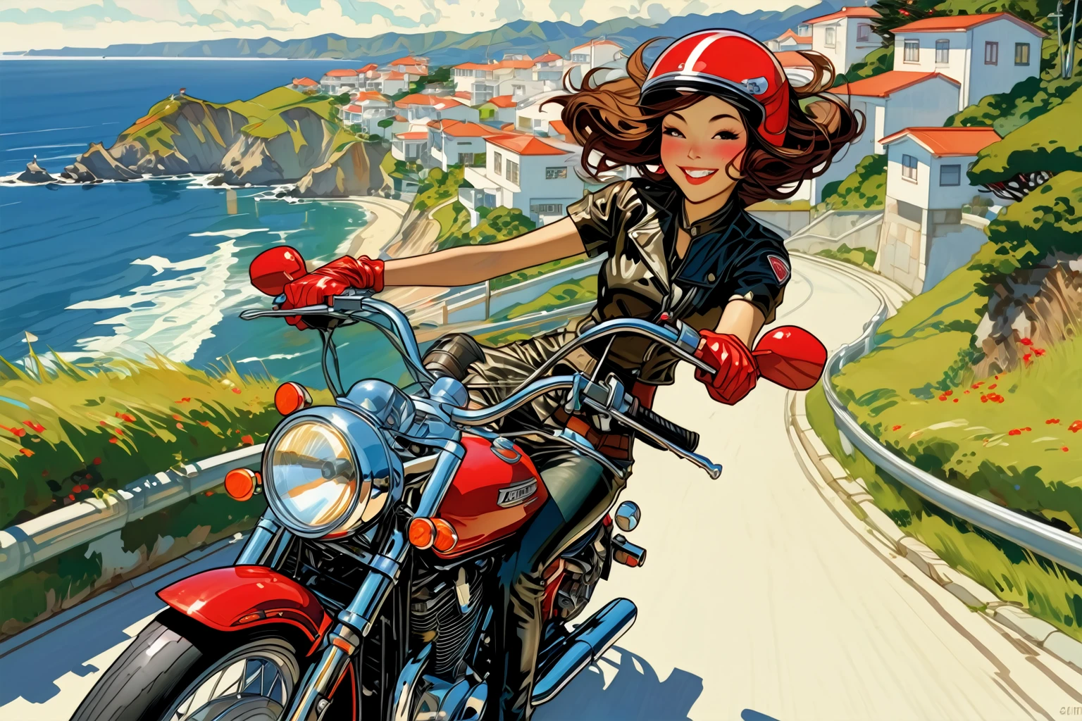 Anime style by J.C. Leyendecker illustration of a Japanese girl riding a vintage motorcycle down a scenic coastal road. The girl is wearing a red helmet and leather gloves, smiling joyfully with her hair flowing in the wind. The background features a breathtaking view of a seaside town with white buildings, lush green hills, and a sparkling blue ocean under a clear, sunny sky. Puffy white clouds are scattered across the sky, and the road curves along the hillside, offering a perfect view of the coastline. The overall mood is energetic and carefree, capturing the thrill of a summer ride by the sea.