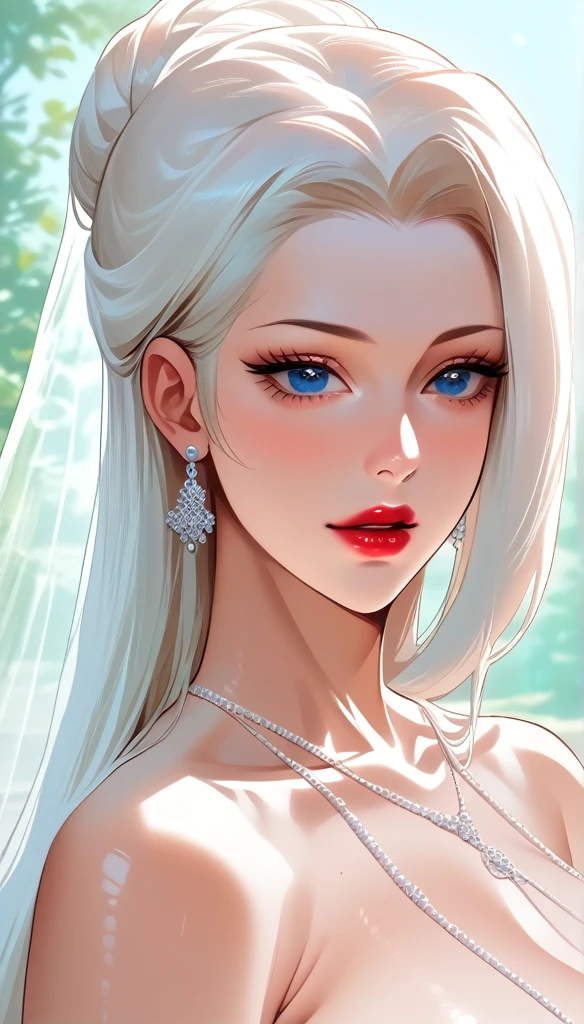  Hot beautiful mei ,red lipstick,big long bead earrings, huge saggy breasts  ,  white  long hair bun ,blue eyes, detailed eyes, wearing wedding dress,  High Resolution, Masterpiece, Accurate, Anatomically Correct, Best Quality, Detail, High Details, HD, High Quality, Super Detailed, UHD,detailed lips, wedding jewellery 