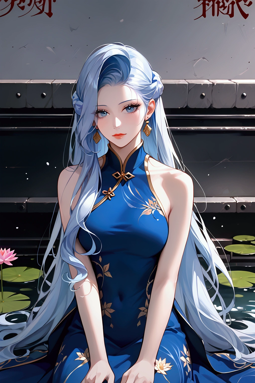 ptn,close-up of a woman,detailed face,There is a blue dress,, a woman sitting on a rock in the water, standing elegantly on a lotus flower, ethereal beauty, wearing a blue cheongsam, court, a girl in Hanfu, wearing a blue cheongsam, full of fairy Xia, in the pond, white Hanfu, a stunning young ethereal figure, flowing dress, light blue, hair behind ear  